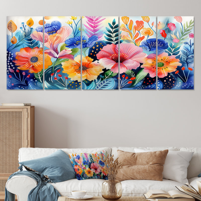 «Pink Blue Flowers Under Water II - Botanicals», ensemble d'art sur toile, H 28 po x l 60 po