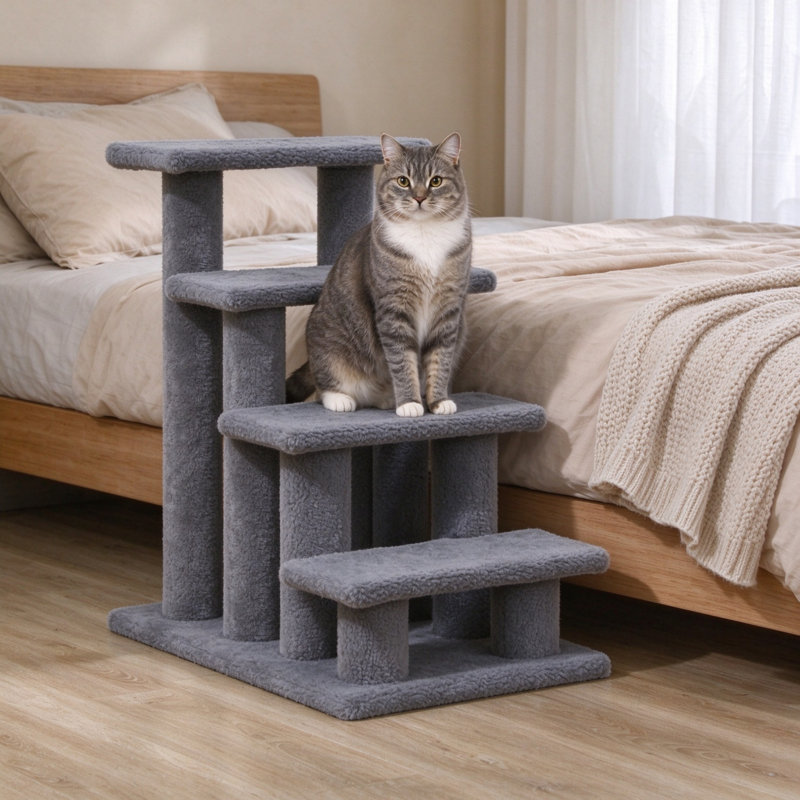 4-Step Dog Steps for Bed & Sofa, Pet Climb Ladder for Dogs & Cats, 63 x 43 x 60 cm, Grey