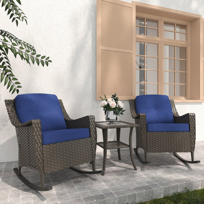 3-Piece PE Wicker Patio Rocker Set - 2 Rocking Chairs & Side Table - All-Weather, UV-Resistant with 4'' Thick Removable Cushions - Perfect for Porch, Deck & Backyard