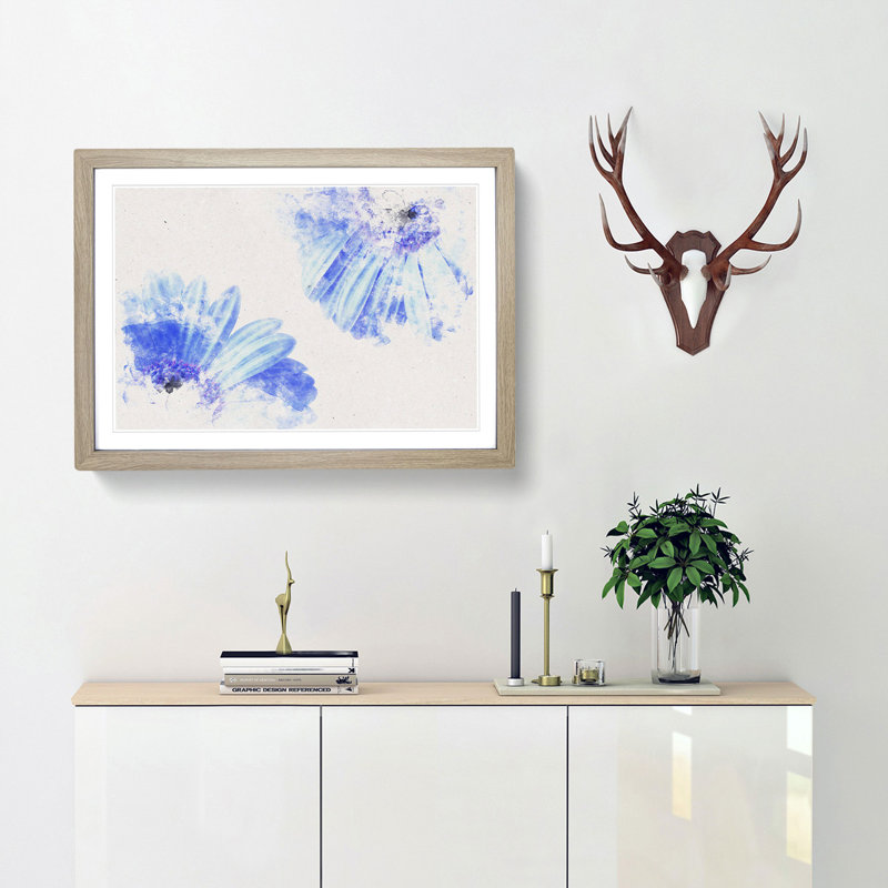 Two Blue Flowers - Single Picture Frame Print on MDF, Oak, 62cm H x 87cm W x 2cm D