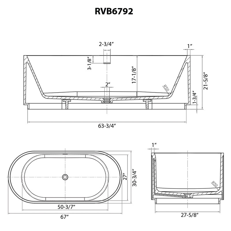 Cordona Freestanding EpiStone Bathtub, 17.12" H x 67" W x 30.75" L