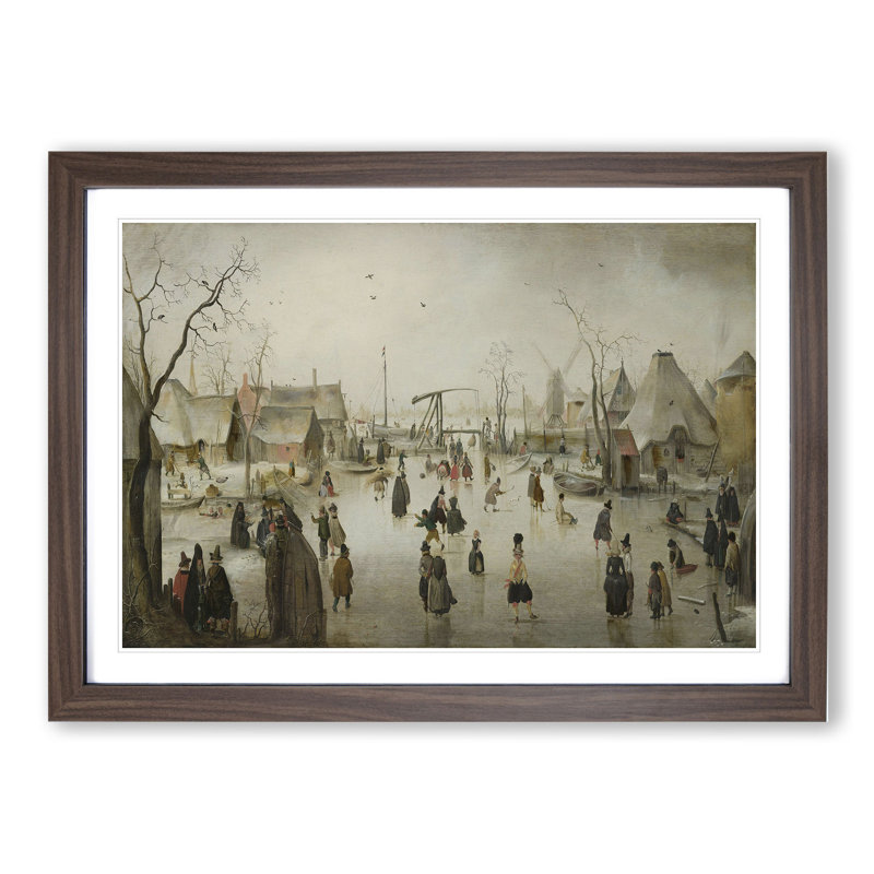Ice-Skating in a Village by Hendrick Avercamp - Picture Frame Painting, Walnut Framed, 36cm H x 48cm W x 2cm D