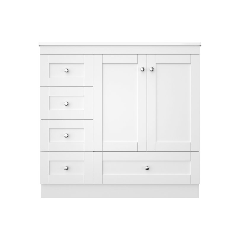 Armoire de salle de bain sur pieds 36 po avec lavabo en céramique, 4 tiroirs à fermeture en douceur et 2 portes à fermeture en douceur Shaker