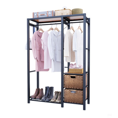 Acacia Wood Garment Racks With Shelves, 2 Wicker Drawers, And 4 Hooks For Heavy-Duty Closet Organization, Freestanding Wardrobe Rack, Vintage Brown
