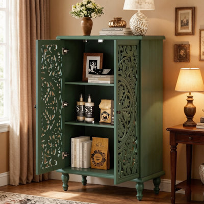 Hollow Carved Vintage Cabinet with Adjustable Shelf, Freestanding Credenza Cabinet with 2 Door Entryway Living Room Dining Room, Antique Green