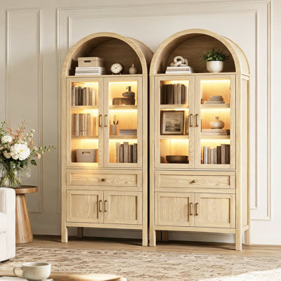 71'' Tall Arched Book Cabinet with Lights and Adjustable Shelves, Drawer, Tempered Glass Doors Wooden Bookcase for Study and Livingroom