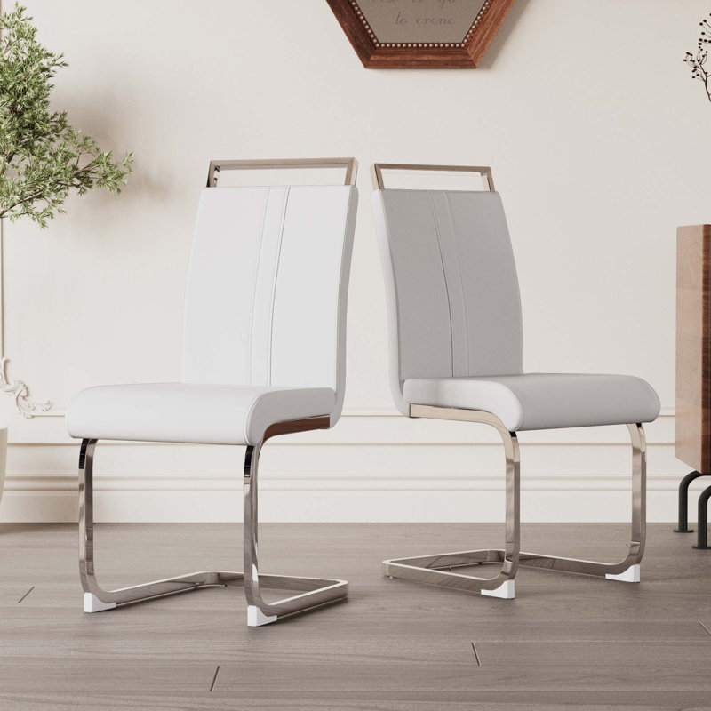 Chaises de salle à manger modernes, chaise d'appoint rembourrée en similicuir à haut dossier avec pieds en métal argenté, 2