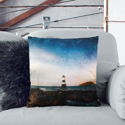 Lighthouse and Seascape at Dusk Painting Cushion with Filling