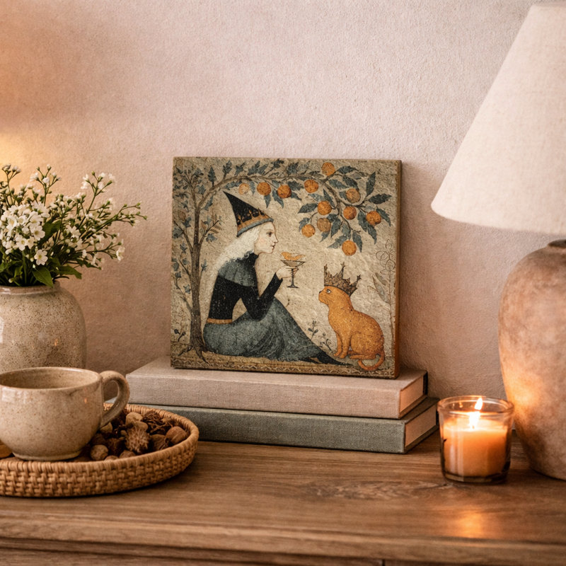 Art mural rétro sur toile tendue sorcière et chat royal, H 12 po x l 12 po