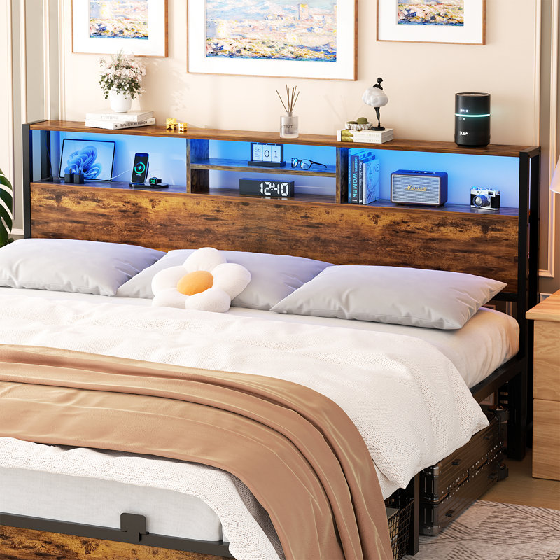 Tête de lit Lozandier avec rangement, prise de courant, ports USB et bande DEL, Très grand, Noir