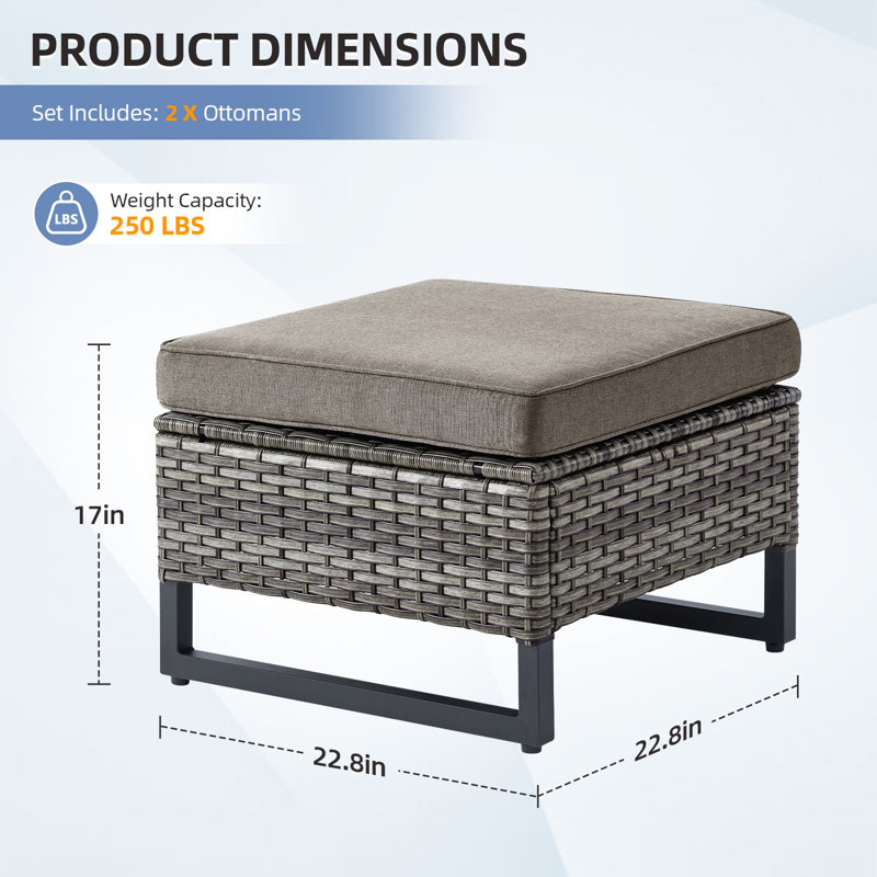 Ensemble de 2 repose-pieds en rotin avec coussins amovibles en osier pour patio, Gris, Gris