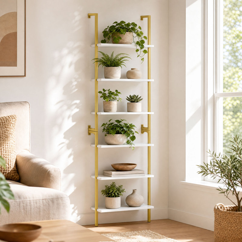 Étagère de rangement à 6 niveaux, 1 pièce, robuste, autoportante, style échelle, blanche et dorée., Blanc ; doré