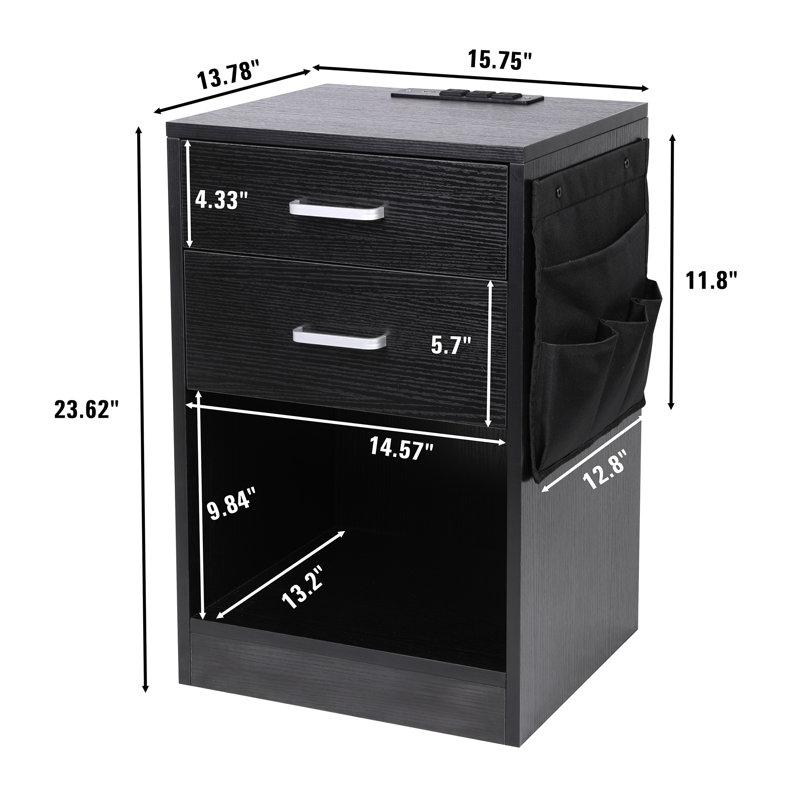 Demitry Manufactured Wood Nightstand with Charging Station, Black