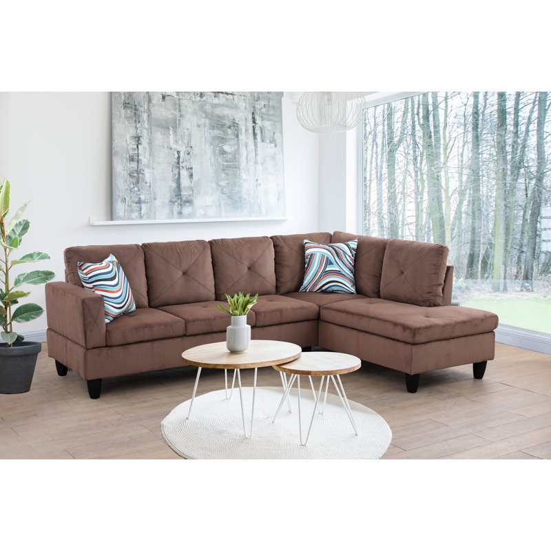 Upholstered L-Shaped Sectional, Brown Microfiber/Microsuede, Right Hand Facing
