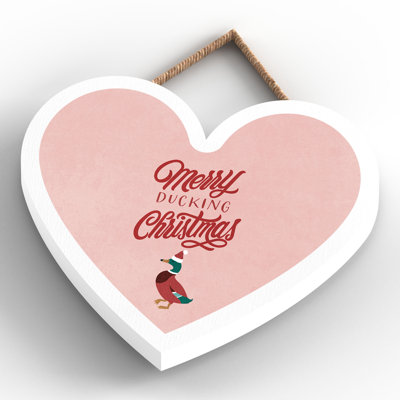 Xmas Merry Ducking Christmas Wooden Heart Plaque