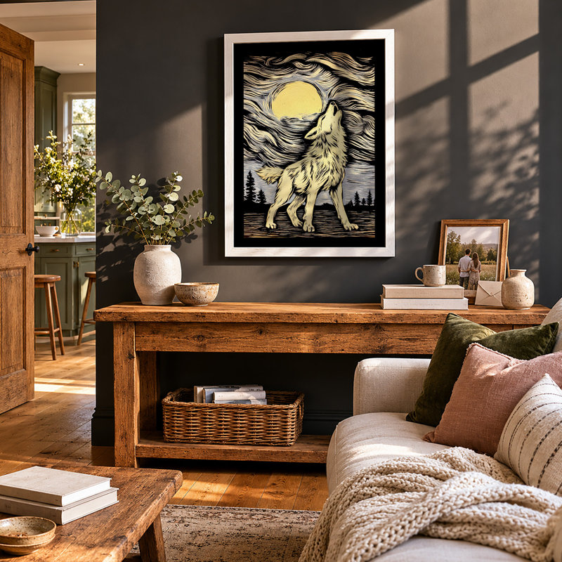 Wolf Howls At Moon Rustic - Print, A3 - 42.0 x 29.7 cm, White