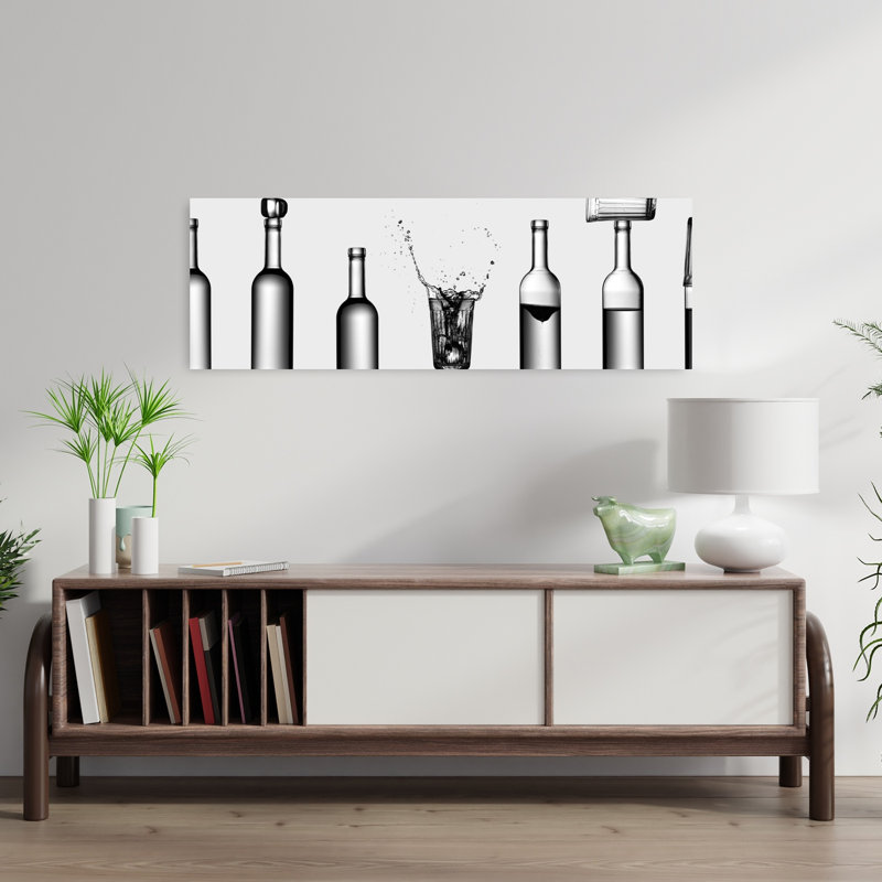 Bouteilles transparentes, liquide, éclaboussure élégante, minimaliste, art mural, H 12 po x l 36 po