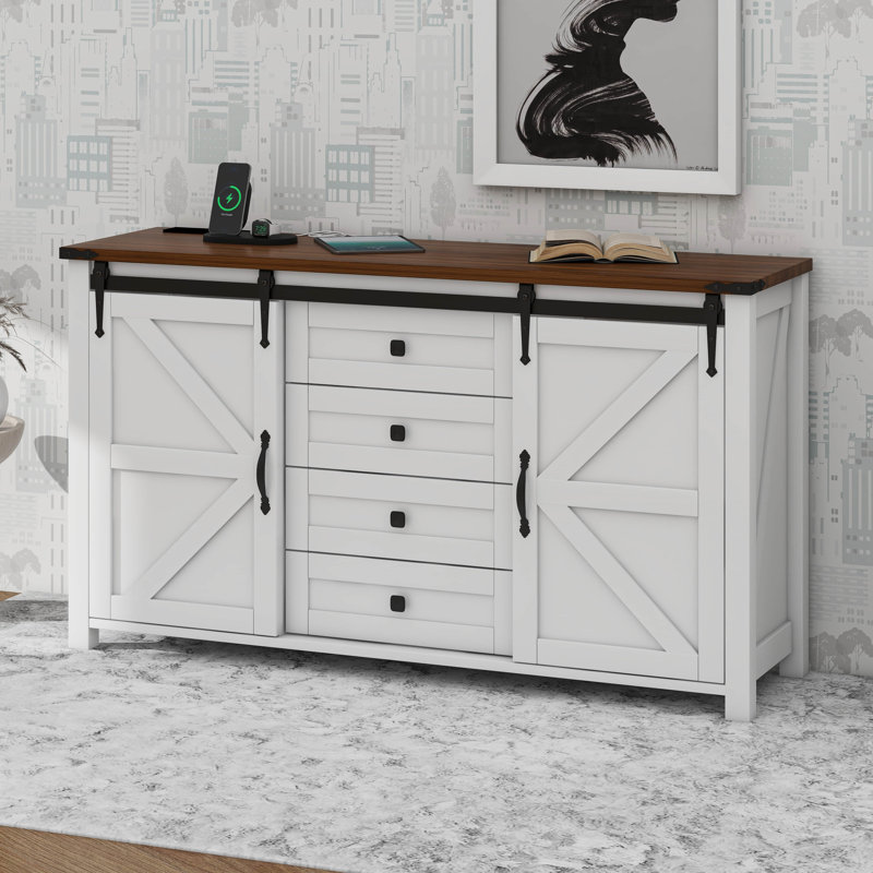 Buffet Farmhouse avec rangement, buffet avec tablettes et porte de grange coulissante, Blanc
