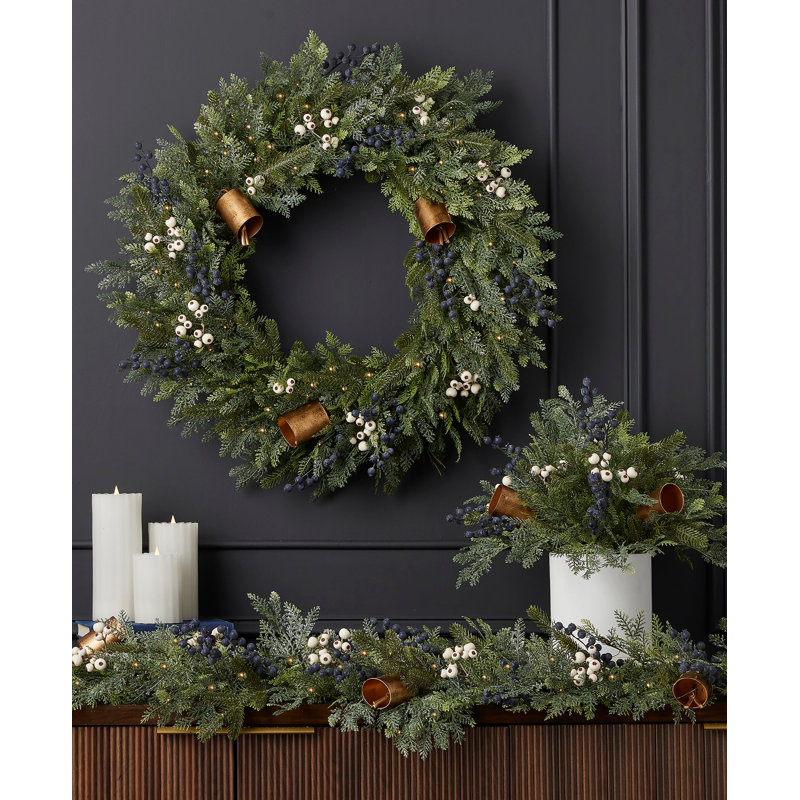 Mixed Mica Foliage with Blueberries and Harmony Bells 30in Wreath Pre-Lit Fairy Lights B/O