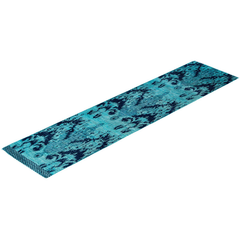Tapis de couloir moderne noué à la main de conception unique - bleu, 2 pi 6 po x 10 pi 5 po