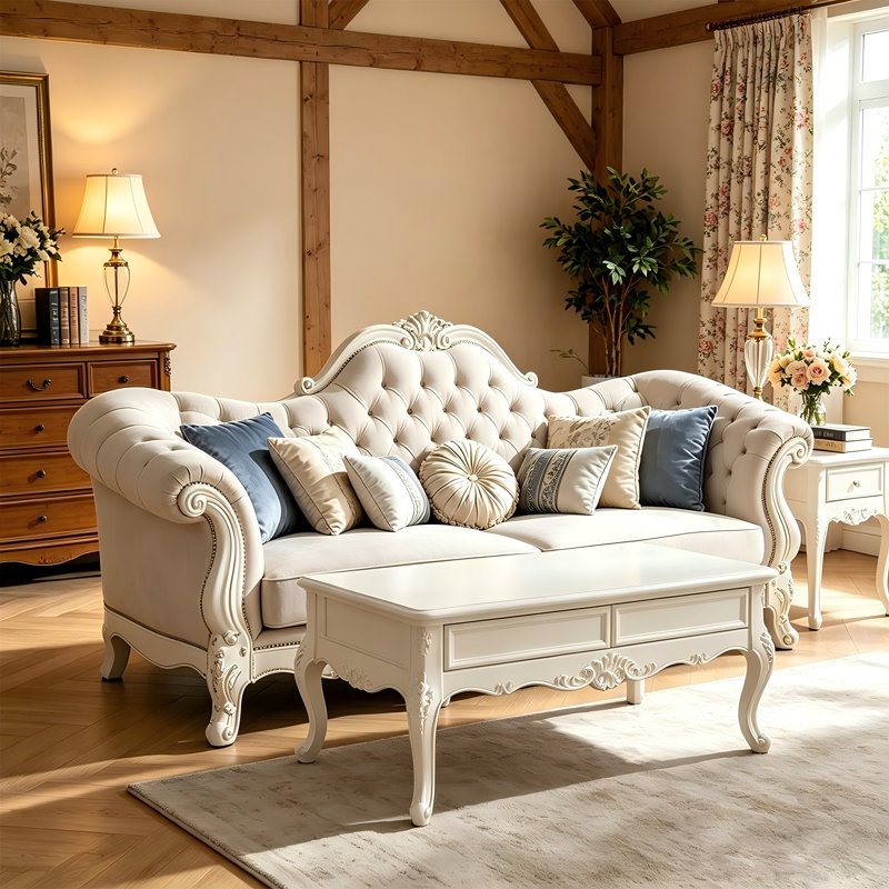 Ornate Carved White Tufted Sofa