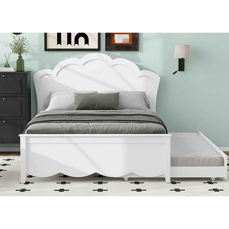Lit plateforme en bois avec tête de lit et lit gigogne simple, lit de rangement blanc avec lit escamotable et aucun sommier nécessaire (matelas non inclus)