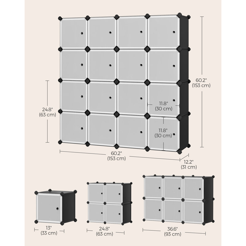 Organisateur de rangement cubique, ensemble de 16 cubes en plastique, tablettes de rangement pour garde-robe, armoire de rangement en plastique, bibliothèque modulaire, étagères avec portes pour chambre à coucher, salon