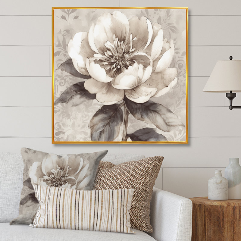 Pivoines grises sur une branche I - pivoines, art mural, H 36 po x l 36 po x P 1,5 po, Cadre flottant doré