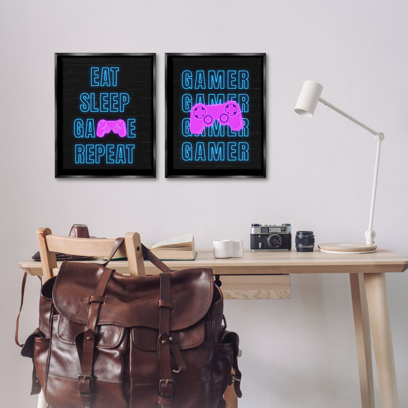 «Neon Gamer Eat Sleep», ensemble de 2 toiles flottantes encadrées par Nina Blue, Cadre flottant noir de jais
