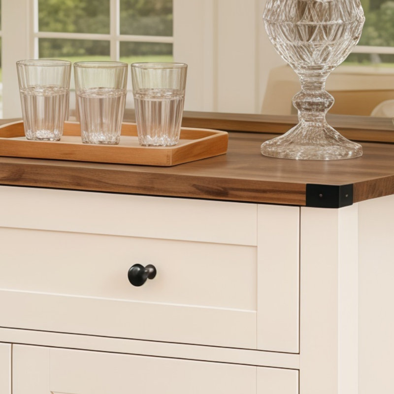 White Wood-Grain Countertop Barn Door Storage Cabinet, Simple Farmhouse Style, Drawer Design For Neat Storage, Also Functions As A Coffee Bar, Suitable For Kitchen And Living Room.