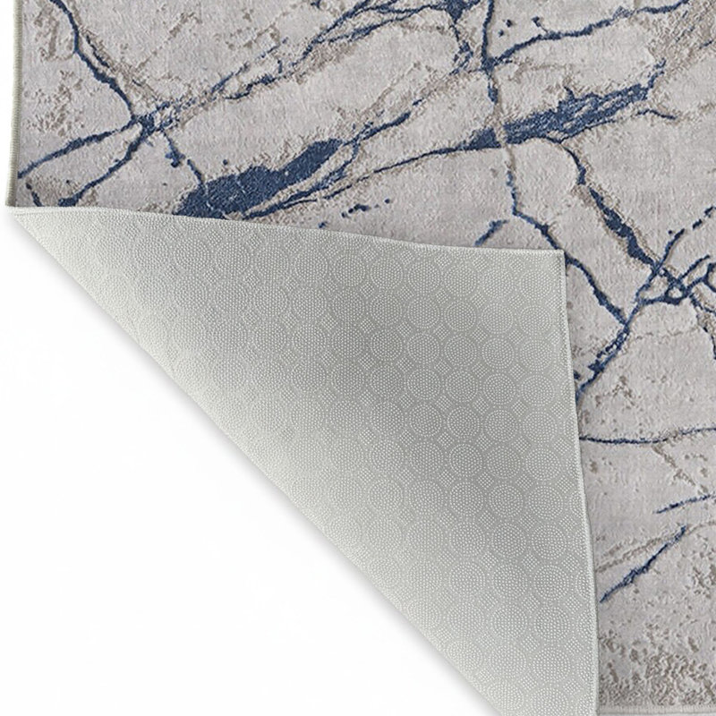 Tapis rectangulaire en polyester tissé à la machine à motif abstrait blanc / gris / bleu marine