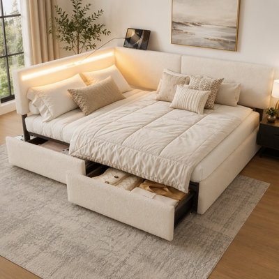  Mid-Century Upholstered Corner Daybed Frame with Built-In USB Charging Headboard, Tufted Foam Padded Daybed, Space-Saving Compact Multi-Functional Bed Frame Supports 1200LBS for Teen Bedroom