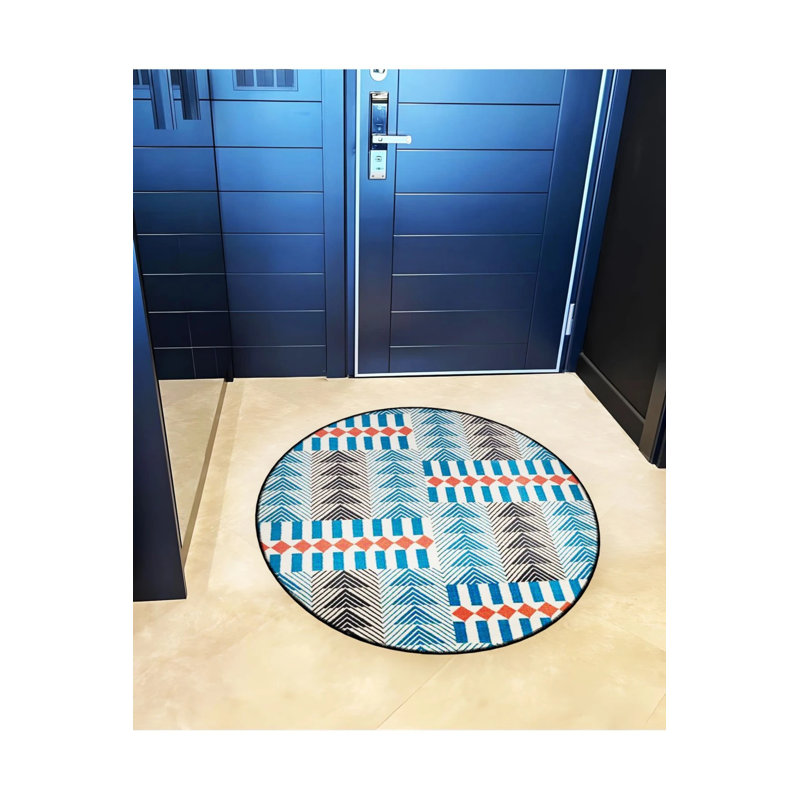 Blue Red Shapes Woven Base Modern Decorative Carpet, Round 3'4"