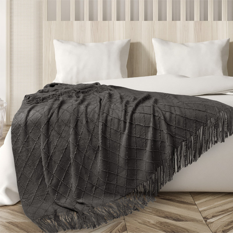 Charcoal Gray Knitted Fringe Throw Blanket for Couch