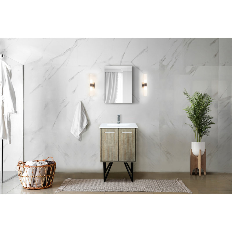 24 In. W Rustic Vanity For Bathroom, White Quartz Countertop, Faucet And 18 Wall - Mounted Mirror Sophisticated Decorated Bathroom Bath Featuring Surface, Elegant