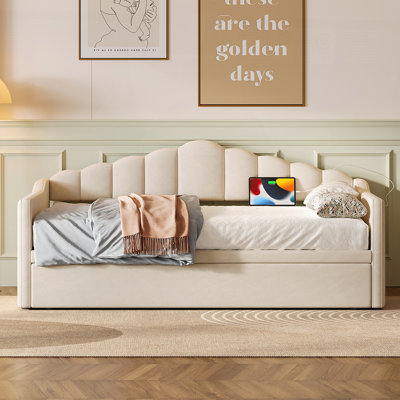 Upholstered Daybed with Adjustable Height Pop Up Trundle Bed, USB Type-C Charging, and 2 Side Pockets, No Box-Spring Needed