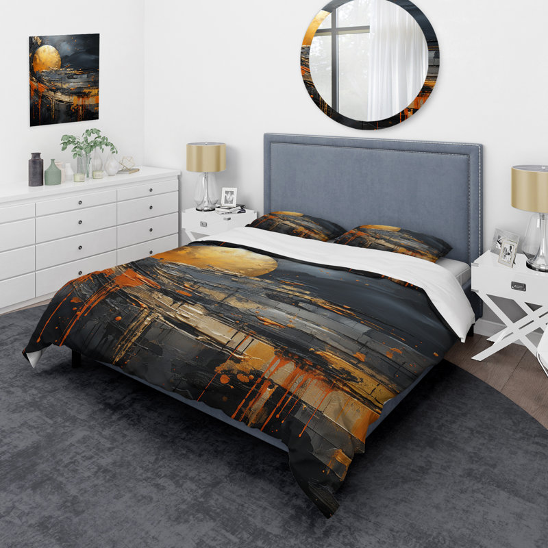 Ensemble de housse de couette noir et orange Marble Moon II - Abstract Modern Shapes