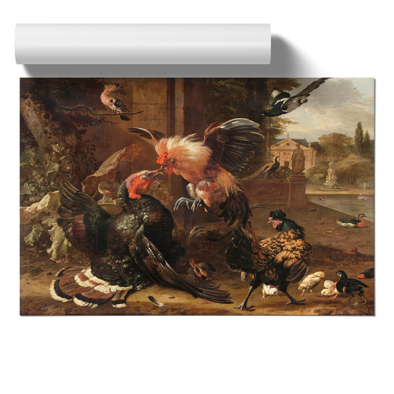 Rooster And Turkey Fighting by Melchior D'Hondecoeter - No Frame Painting, 21cm H x 30cm W x 0.1cm D
