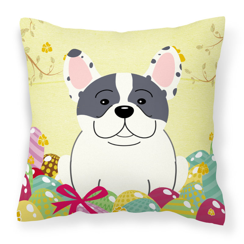 Coussin décoratif d’intérieur/d’extérieur collie de pâques œufs border, 18 po x 18 po, Bouledogue français piedbald