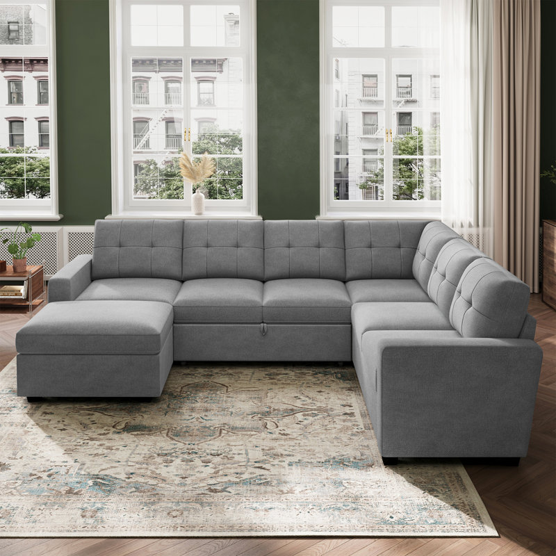 Abramson U-Shaped Corduroy Sectional Pull-Out Sofa Bed with Storage Ottoman, Light Gray Polyester