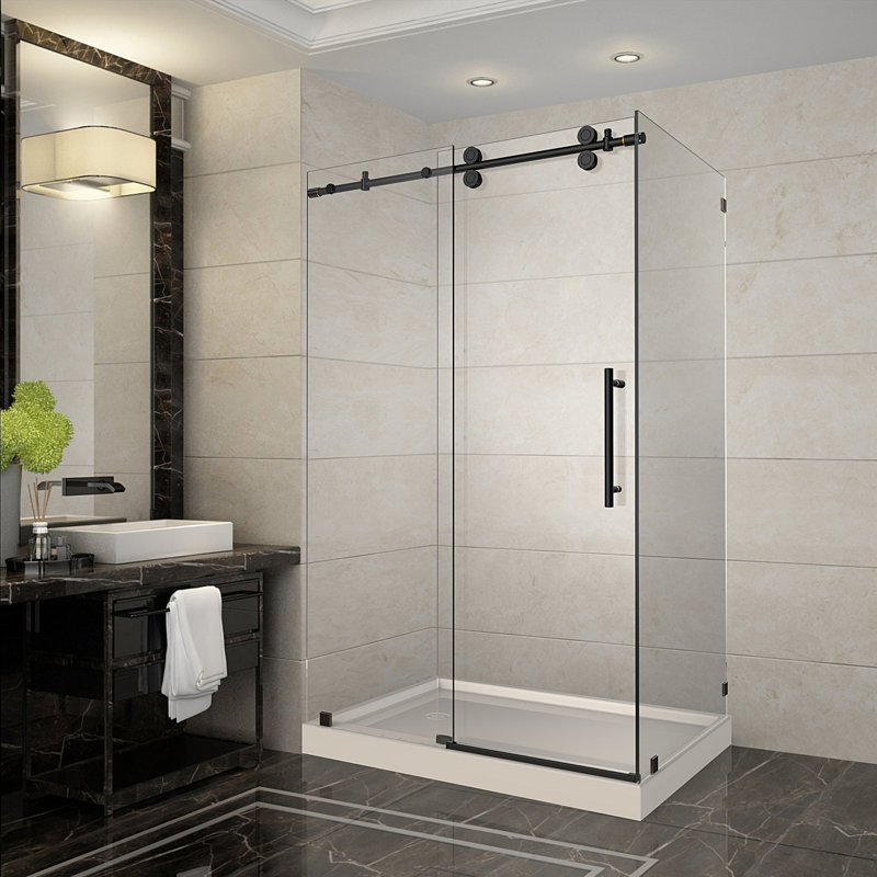 Cabine de douche rectangulaire sans cadre à porte coulissante avec base incluse l 48 po x H 77,5 po Langham, Drain à gauche