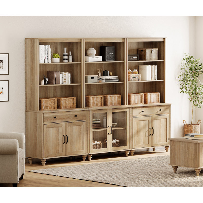 Scarlett 72.1"H X 101.6"W Bookcase With Drawers And Cabinets, Tall Book Case With Open Book Shelfs, Large Wood Bookcases Farmhouse Bookshelves For Living Room Bedroom Home Office Kitchen, 72''