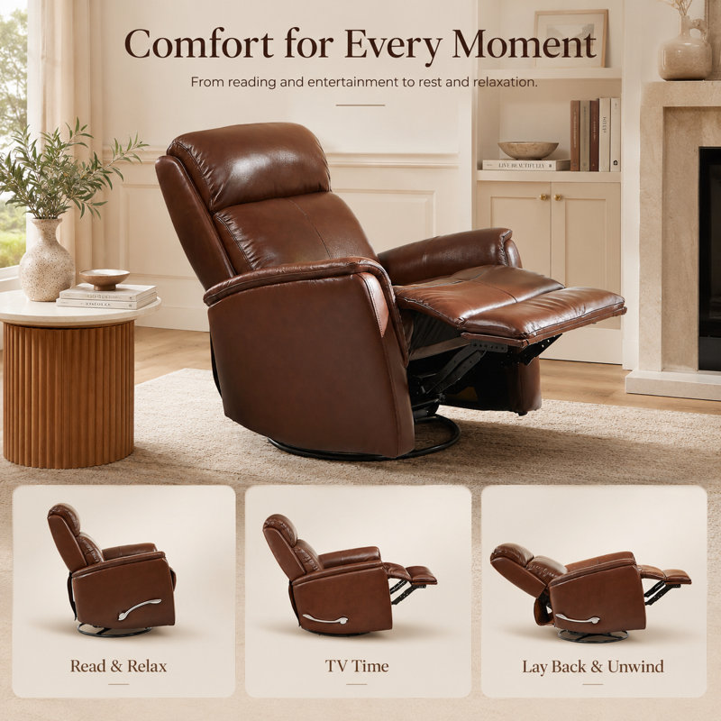 33" Wide Genuine Leather 360° Swivel Rocker Manual Recliner with Wingback and Flared Arms Design
