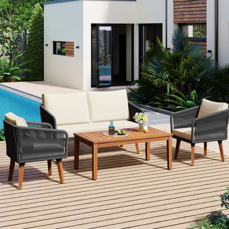 Conversation de patio extérieur avec structure en métal et coussins amovibles - 4 pièces coussins en bois