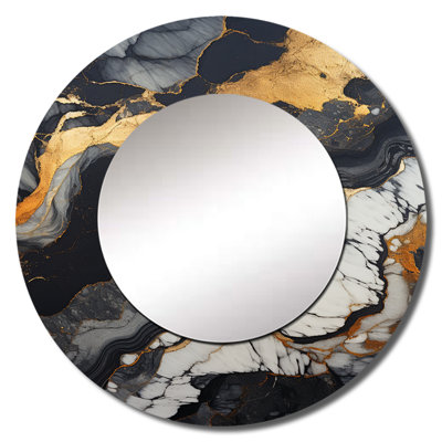 Rodrekus Minimalism Chrome Gold And Black Poteries III - Abstract Spirals Decorative Mirror, Modern Large Round Wall Mirror, Printed Metal Art