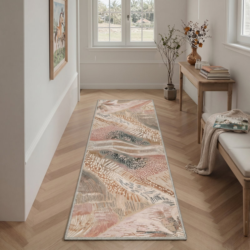Tonicka Aura Abstract Machine Washable Beige Indoor Area Rug with Non-Slip Backing, Runner 2' x 7'