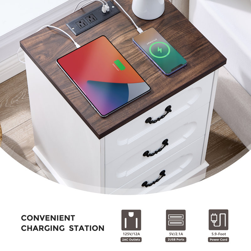 Farmhouse 3 Drawer Dresser for Bedroom with Charging Station, Rustic Small Drawers Dressers Nightstand, White