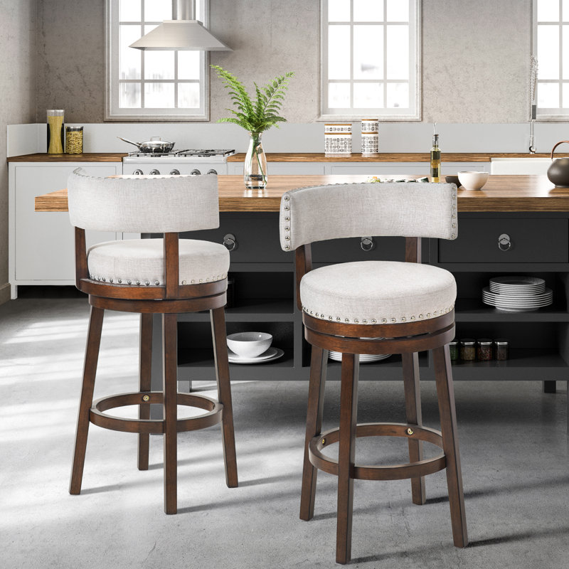 Tabouret de bar rembourré pivotant à 360°, structure en bois massif, siège et dossier rembourrés, finition cloutée, tabouret pour îlot de cuisine