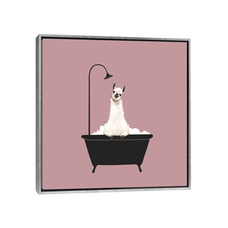 Lama dans une baignoire, H 18 po x l 18 po x P 1,5 po, Toile avec cadre argenté