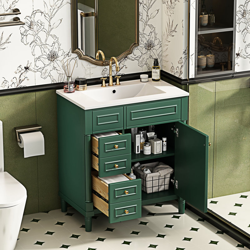 Meuble-lavabo autoportant avec lavabo, Vert, Doré